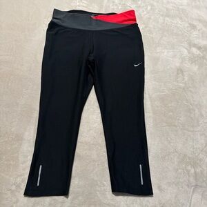Nike Girls Black Crop Leggings with Red and Gray Waistband